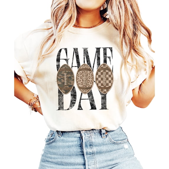 Game Day Football Shirt for Women Camo Leopard Graphic Tee, Ivory Shirt, L