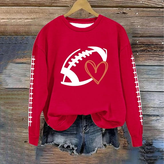 Game Day Football Sweatshirt for Women Graphic Print Sunday Casual Long Sleeve Crew Neck 2024 Fall Sweatshirts Red S