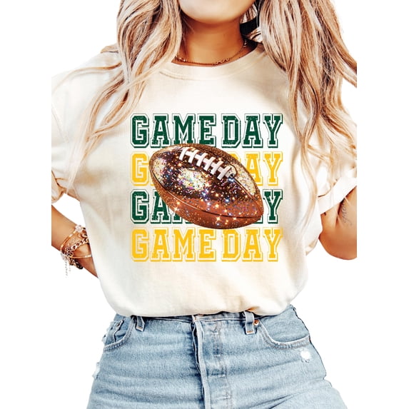 Game Day Green and Yellow Shirt for Women and Teens Girly Faux Glitter Football Tee Ivory Shirt Adult Medium