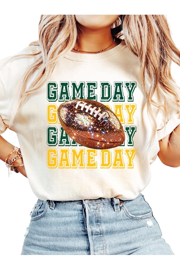 Game Day Green and Yellow Shirt for Women and Teens Girly Faux Glitter Football Tee Ivory Shirt Adult X-Large