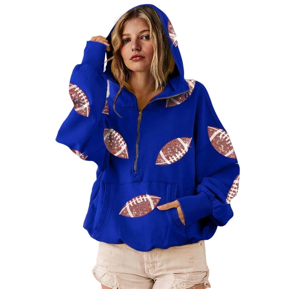 Game Day Hoodie for Women Oversized Half Zipper Long Sleeve Sweatshirt with Pocket Blue 2XL