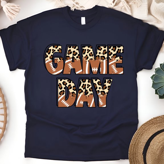 Game Day Leopard Football Shirt | Cute Animal Print Graphic Tee, Navy, Size S