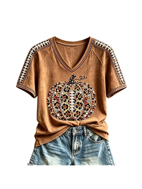 Game Day Outfits for Women Short Sleeve V Neck Football Season Soft Tops Autumn Pumpkin Workout Cute Casual Travel Blouses Ginger S