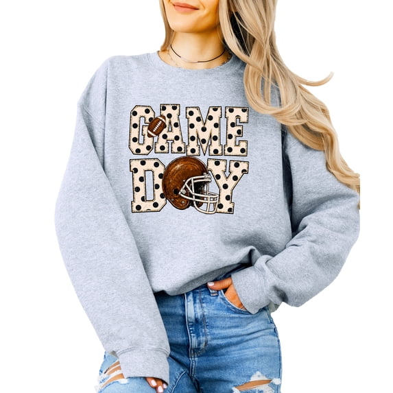 Game Day Polka Dot Football Sweatshirt for Women Crewneck, Gray Sweatshirt, S