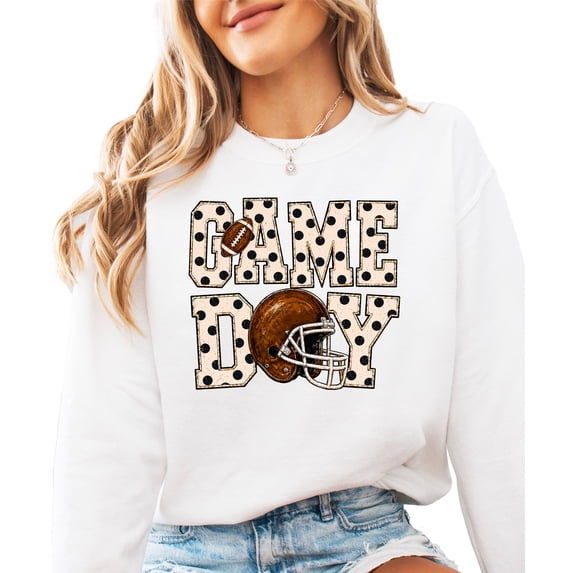 Game Day Polka Dot Football Sweatshirt for Women Crewneck, White Sweatshirt, L