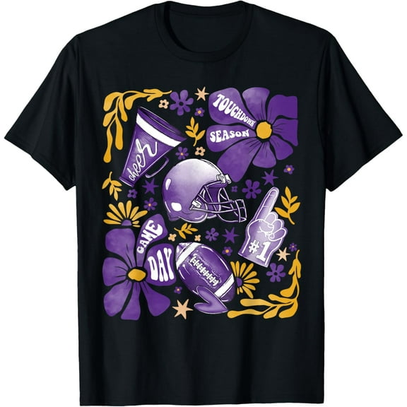 Game Day Purple Yellow Coquette Bow Touchdown Season T-Shirt