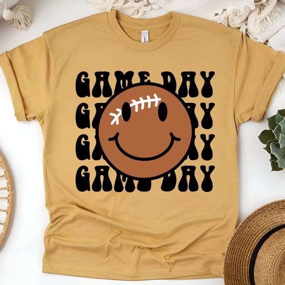 Game Day Smiley Football T-Shirt | Retro Sporty Graphic Tee, Gold, Size XL