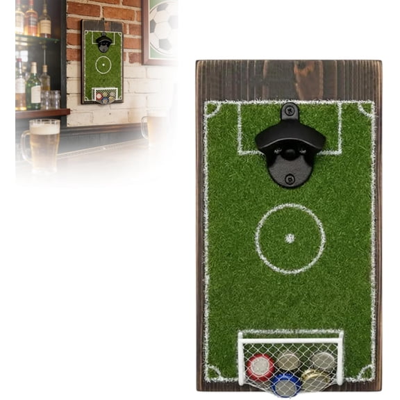 Game Day Soccer Field Bottle Opener - Wall Mounted Sports Fan Beer Opener with Cap Catcher for Watch Party (1 Set)