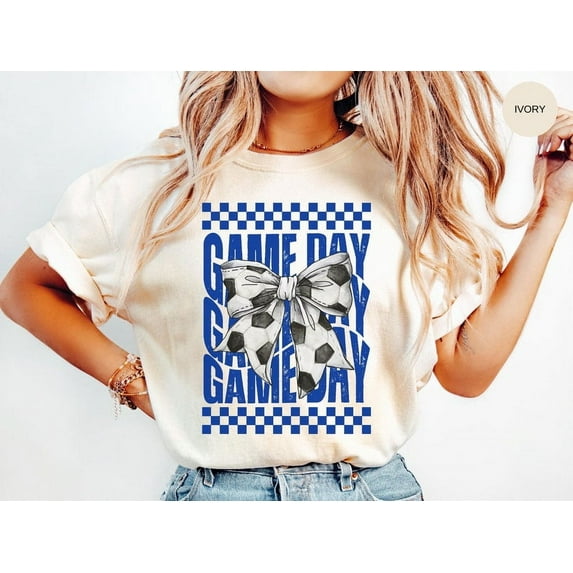 Game Day Soccer Mom T-Shirt, Coquette Bow Soccer Fan Tee, Royal Blue Sports Shirt, Girly Soccer Teacher Tee
