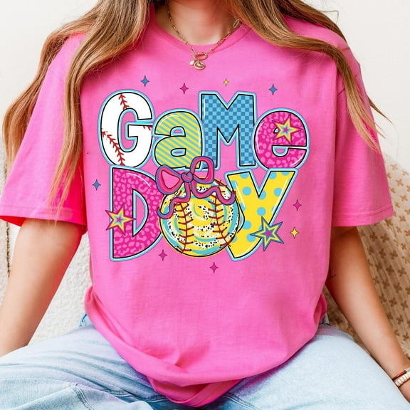 Game Day Softball Coquette T-Shirt, Brushstroke Softball Tee, Softball Bow Shirt, Softball Mama Gift, Sports Mom Shirt