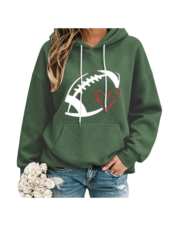 Game Day Sweatshirt for Women Football Graphic Plus Size Hooded Soccer Tops Cute Hoodies Heart Graphic Shirts Hiking Shirts Football Lover Hoodie Long Sleeve with Pockets Oversized Hoodie Green