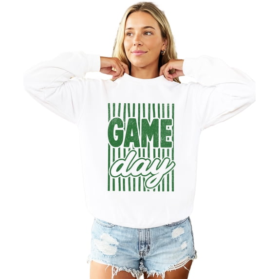 Game Day Sweatshirt for Women Striped Distressed Football Crewneck, Green on White Sweatshirt, S