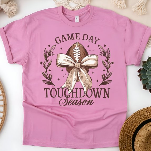 Game Day Touchdown Season Shirt | Retro Football Bow Tee for Women, Azalea, Size S
