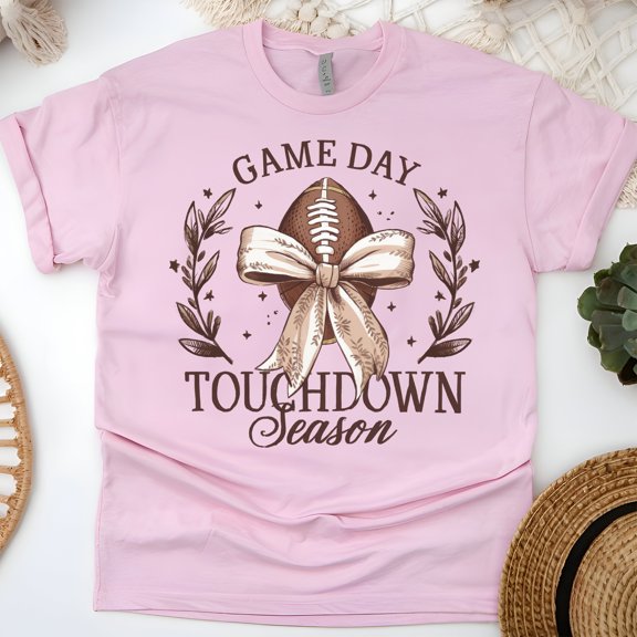 Game Day Touchdown Season Shirt | Retro Football Bow Tee for Women, Light Pink, Size S