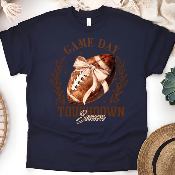 Game Day Touchdown Season T-Shirt | Brown Football Bow Fall Tee, Navy, Size M