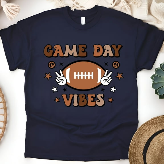 Game Day Vibes Shirt | Retro Peace Hand Football Graphic Tee, Navy, Size L
