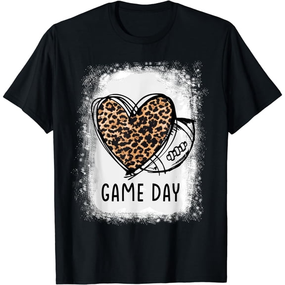 Game Day With Leopard Heart Football Lovers Mom Bleached T-Shirt