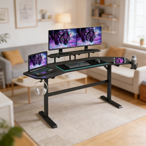 Game Desk Table  Multi-Purpose Gamer Desk for Home Office & Esports Setups, Computer Gaming Workstation with Curved Surface & Cable Organization