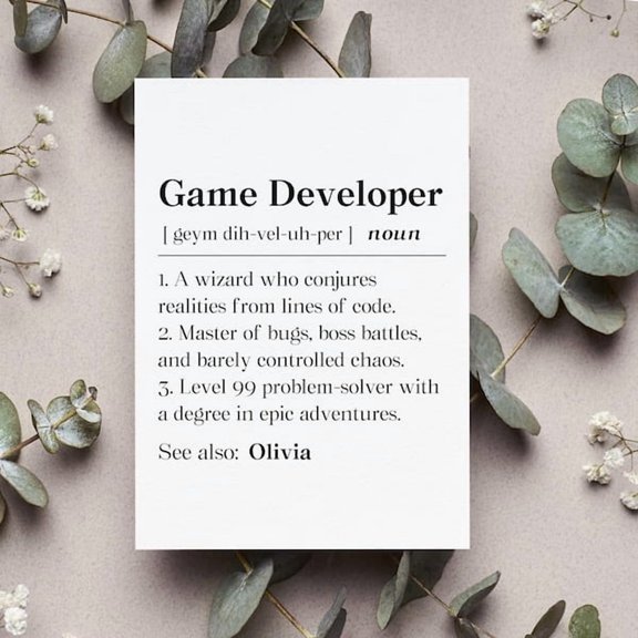 Game Developer Definition Card for Olivia, Personalized Programmer Birthday Greeting, Dictionary Style Gift for Coder, Tech Professional, Software Engineer, Gaming Fan