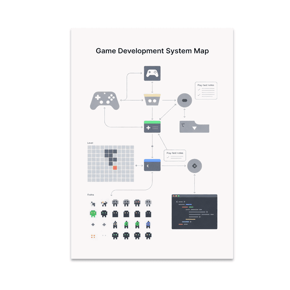 Game Development System Map Poster, Game Developers, Coding Learning Spaces, and Creative Teams, 13x19 Glossy Paper