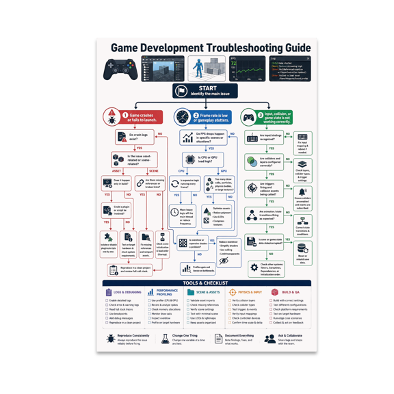 Game Development Troubleshooting Guide Poster, Game Developers, Studios, Classrooms, and Coding Spaces, 13x19 Glossy Paper