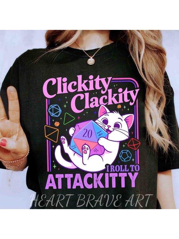 Game Dice Attackitty Tshirt, Clickity Clackity Cat Shirt, DND Kitty Shirt, Fantasy DND Tabletop Gameplay Shirts, Funny Boardgame Tee Gift