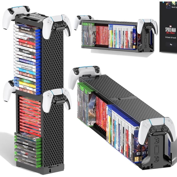 Game Disc Storage Tower with Controller Holder, Compatible with PS5 PS4 Xbox Switch Sega Genesis, Wall/Desk/Floor Display Rack