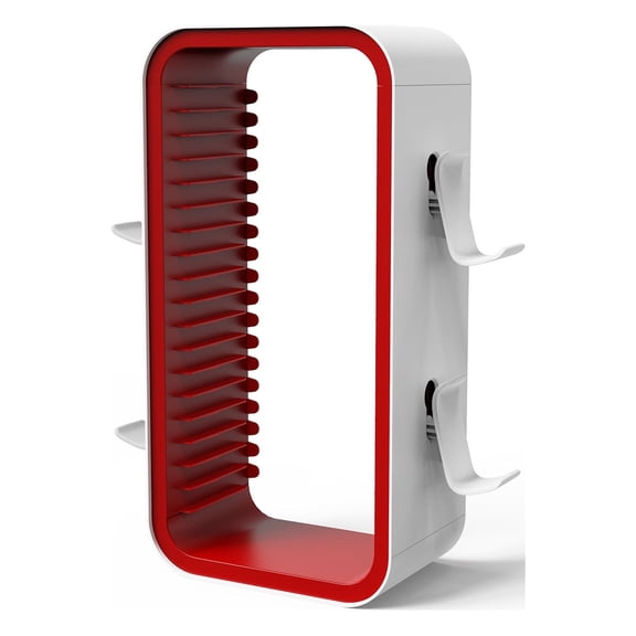 Game Disc Tower with 18 Compartments, Game Storage Rack Holder, Space-Saving Universal Game Disc Tower with Large Capacity, 4 Game Controller Hook for Xbox/PS4/PS5/Switch-Red White