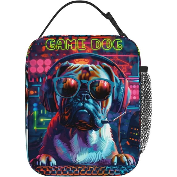 Game Dog Gamer Dogs Lunch Box Gaming Pug Computer Games Lunch Totebag With Handle Animals Reusable Lunchbox Lunch Box Cooler Bag For Women Men Work Office Picnic Travel 10"Lx 8"Wx4"H