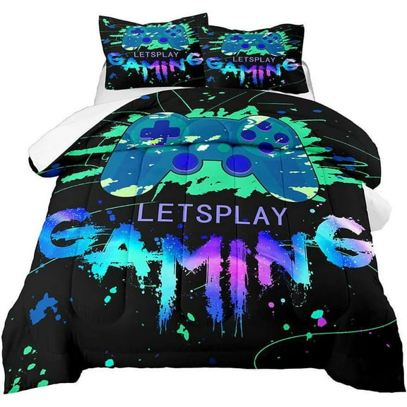 Game Duvet Cover Set Fluffy Video Gaming Bedding Sets Gamer Room Decor Twin Size Colorful Black Gamepad Soft Game Bedding Set for Boys Teen 1 Duvet Cover and 1 Pillowcase