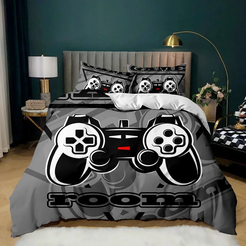 Game Duvet Cover Set Modern Black Gamer Video Game Controller Bedding