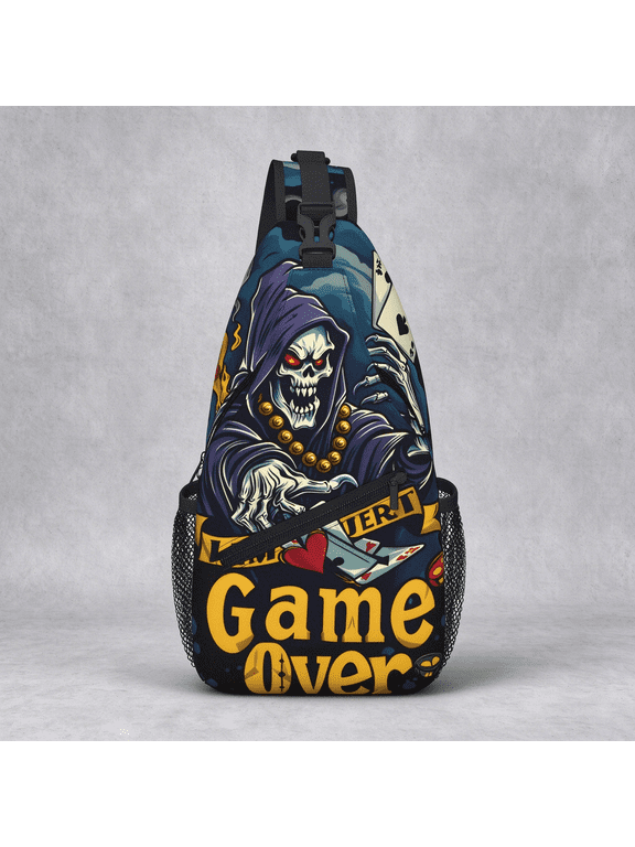 Game Over Gaming Print Crossbody Sling Chest Bag, Foldable Large Capacity Shoulder Backpack, Fashion Durable Daypack for Hiking, Travel, Shopping, Work, Beach & Fishing