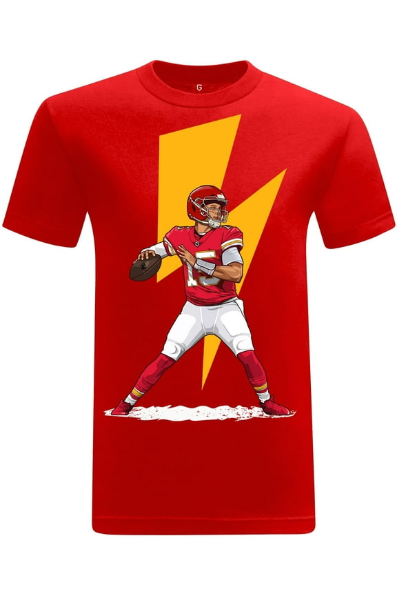 Football Graphic Tee Kansas City Quarterback Throw Lightning Mens T-Shirt - QB#15 Red XS-3XL
