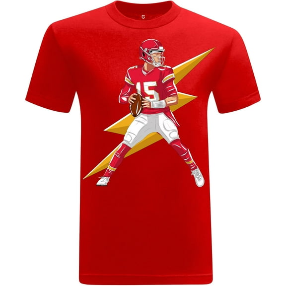 Game Garment Football Graphic Tee Kansas City Quarterback Throw Thunderbolt Mens T-Shirt - QB#15 Red XS-3XL