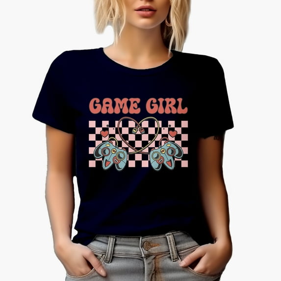 Game Girl with Video Gaming Controller, Retro Valentine's Day Gamer Gift, Navy Blue T-Shirt, Small