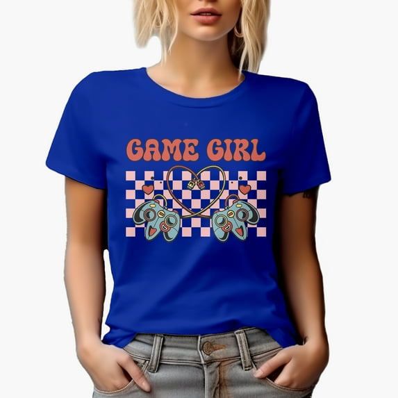 Game Girl with Video Gaming Controller, Retro Valentine's Day Gamer Gift, Royal Blue T-Shirt, Medium