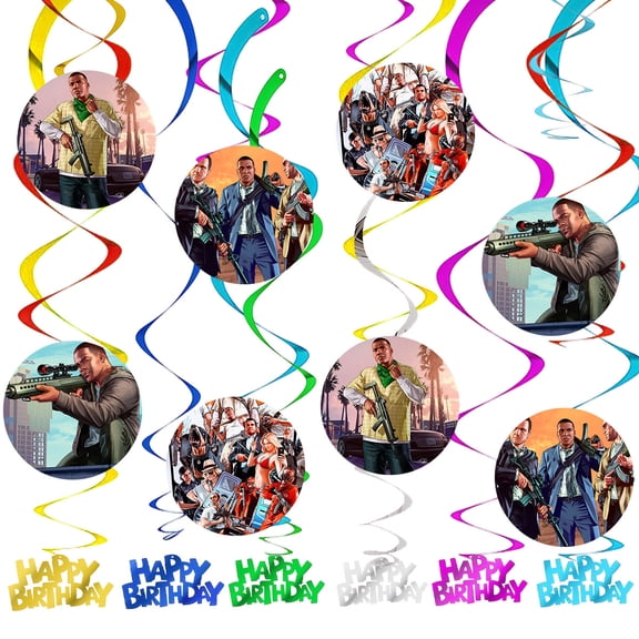 Game Grand Party Decorations Theft Auto Hanging Swirl Sign Whirls Birthday Streamer Ceiling Decor Supplies 14 pcs