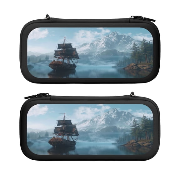 Game Graphics Lake, Carrying Case For Nintendo Switch & OLED Version, Eva Lightweight Shockproof Protective Pouch Case for Game Console & Accessories with 10 Game Card Slot & Wristband, Black