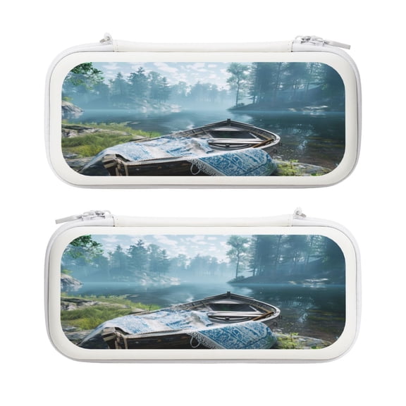 Game Graphics Lake, Carrying Case For Nintendo Switch & OLED Version, Eva Lightweight Shockproof Protective Pouch Case for Game Console & Accessories with 10 Game Card Slot & Wristband, White