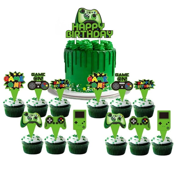 Game Green Cake Topper CupcakeS Set Birthday Party Supplies Decoration Decor Kit