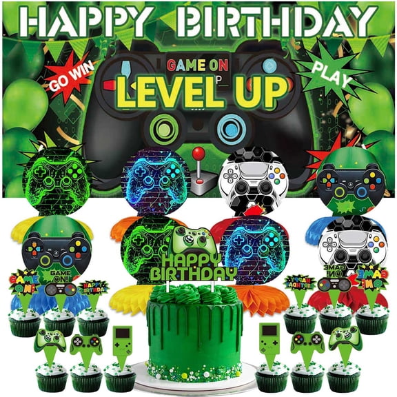 Game Green Party Decorations Banner Decor Supplies Honeycomb Centerpieces Table Toppers Cake Toppers for Birthday Photo Props