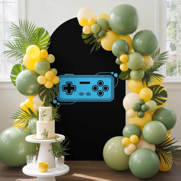 Game Handle Arch Backdrop Cover, 5FT, Retro Blue Cartoon Game Console Spandex Arch Covers Double-Sided Backdrop for Wedding Birthday Party Photo Background Decoration