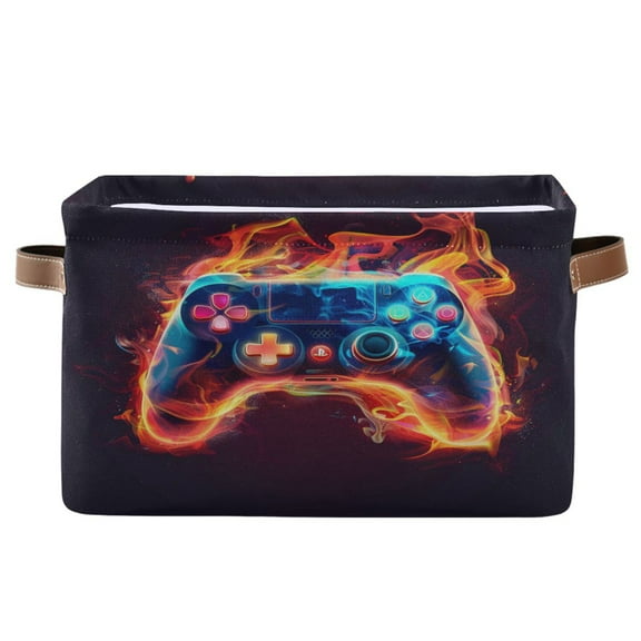 Game Handle with Fire Storage Bins with Handle Fabric Organizer Basket Foldable Box 1 Pack 14.2x10.2x8.3