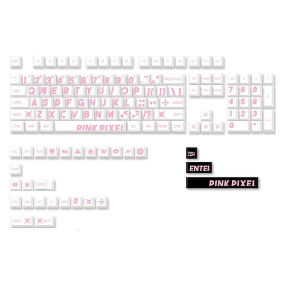 Game Keyboard Keycaps ThermalSublimation PBT Large Characters Keycaps White with Pink Letters Keypad for 132Keys