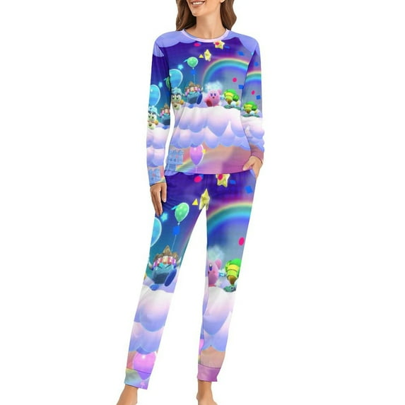 Game Kirby Character Womens Pajama Set Loungewear Cozy Soft House Wear Sets Long Sleeve Round Neck T Shirt Top Bottom Pants Sleepwear