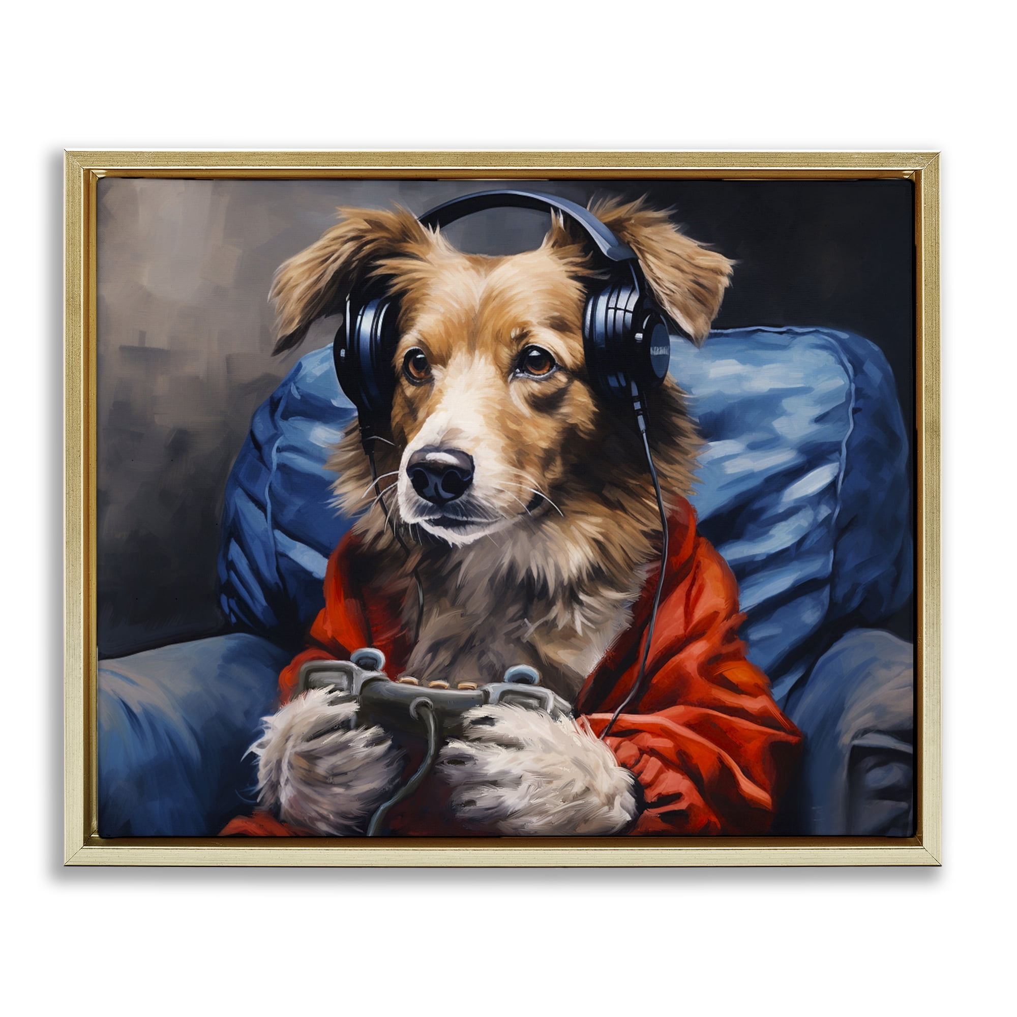 Game Master Dog Gold Framed Floater Canvas Wall Art, design by Shawna Stewart