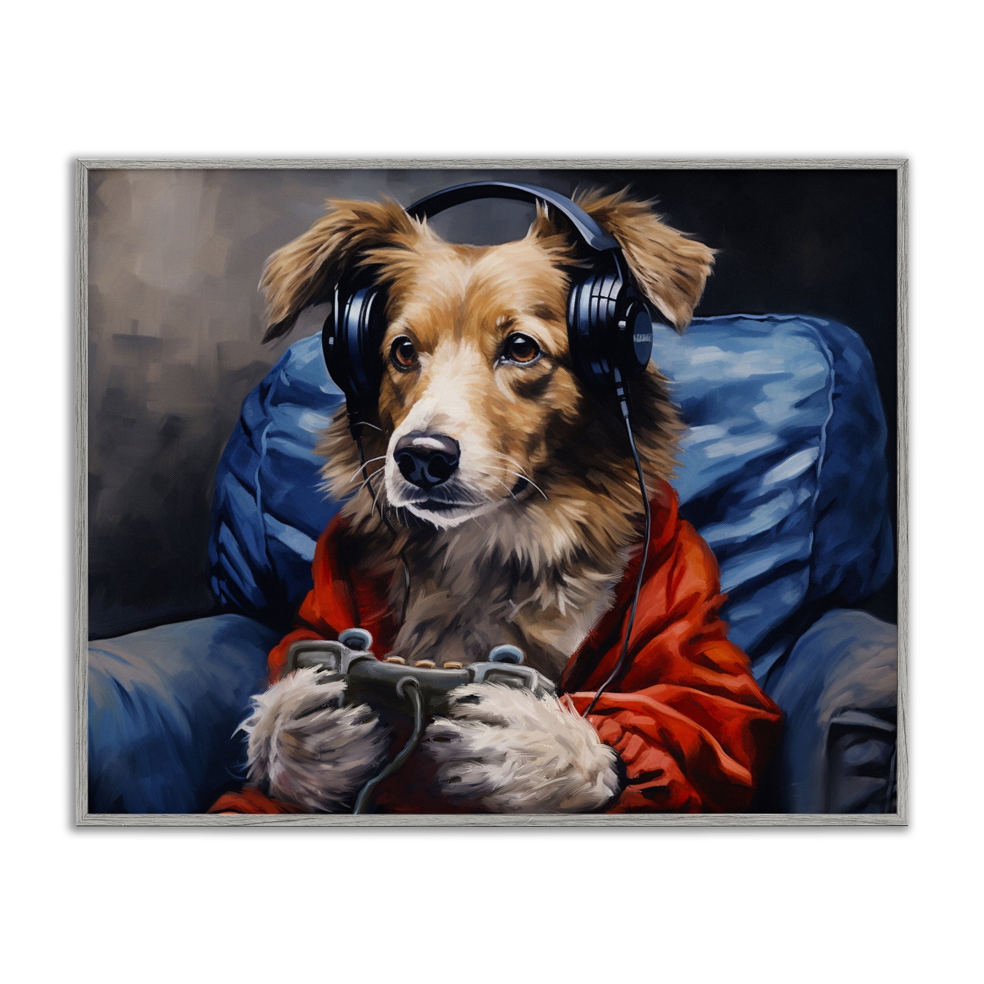 Game Master Dog Gray Framed Giclee Art, design by Shawna Stewart