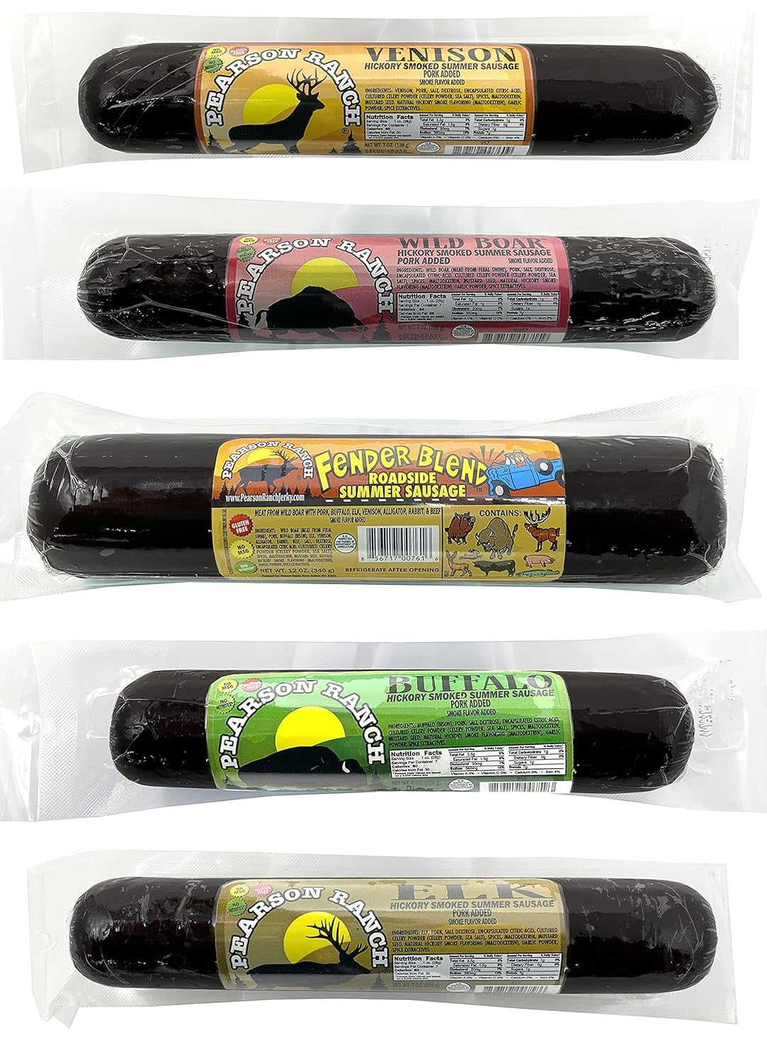 Game Meat Summer Sausage Variety Pack of 5 Elk, Buffalo Wild Boar