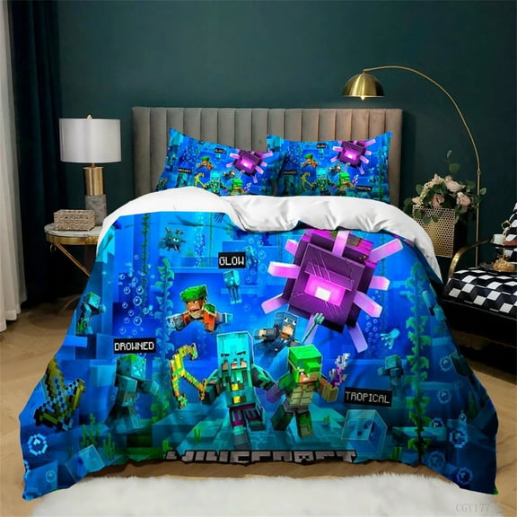 Game Minecraft Bedding Set 3 Pieces Soft and Breathable Duvet Cover Set for Teen All Season Light-Weight Comforter Cover