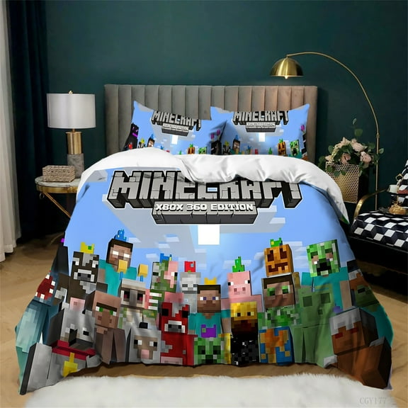 Game Minecraft Bedding Set 3 Pieces Soft and Breathable Duvet Cover Set for Teen All Season Light-Weight Comforter Cover